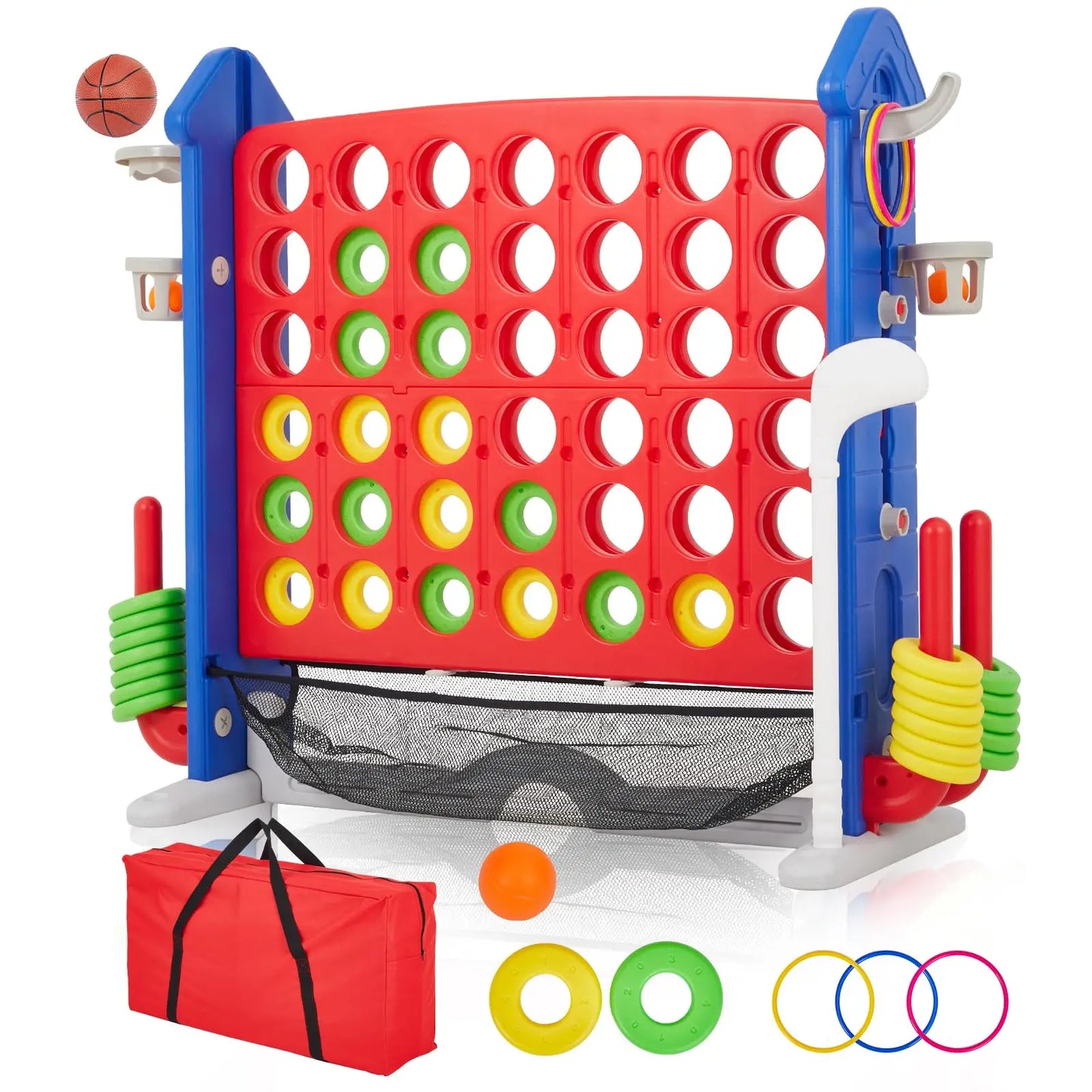 Giant 4 In A Row Game Set 4-in-1 Jumbo Yard Game With Basketball Hoop Ring Toss Adjustable Height Outdoor Family Party Toy