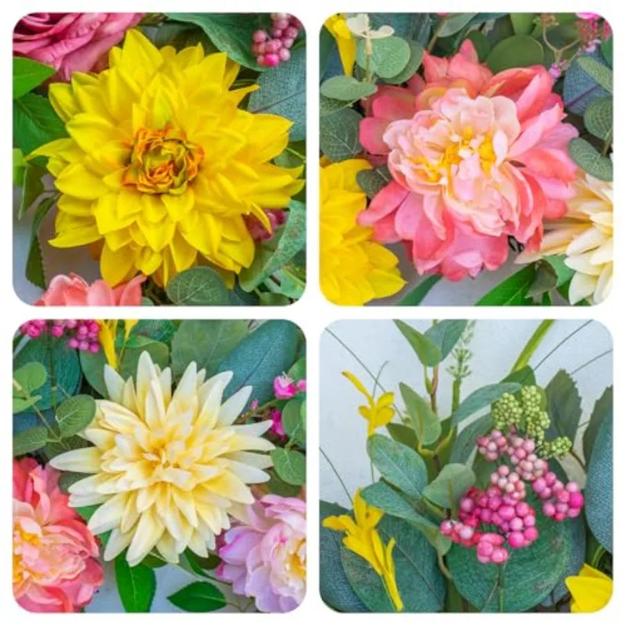 Spring Summer Wreaths for Front Door Outside 24 Inch, Floral Door Wreath with Peony Dahlia Rose, for All Season Easter Indoor O
