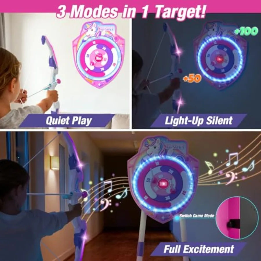 Indoor outdoor kids' archery set: LED unicorn bow and arrow, plastic, rainbow, glow-in-the-dark target with suction cup arrows,