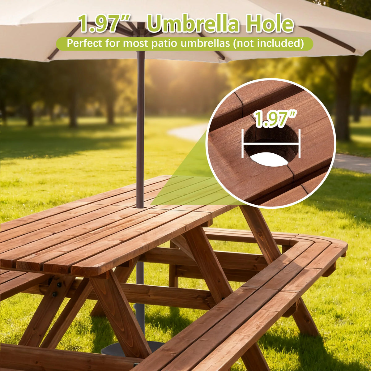 8 FT Wooden Picnic Table with Benches 14-16 Person Outdoor Patio Dining Set Large Rectangular Garden Table with Umbrella Hole Brown