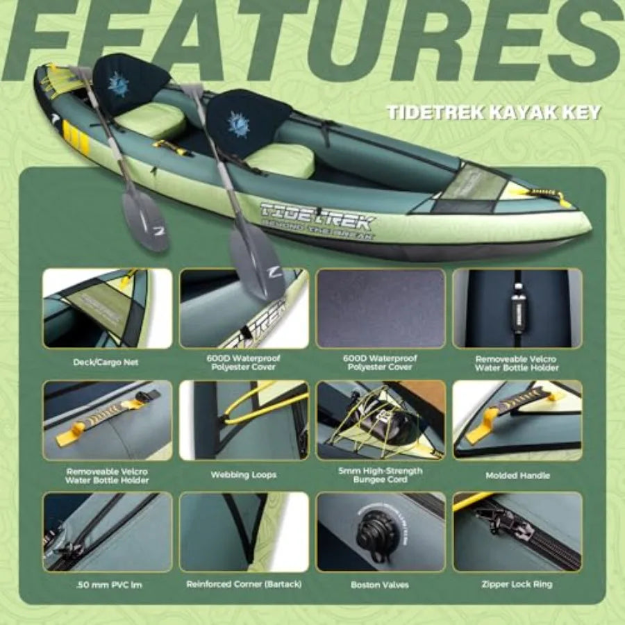 Inflatable Touring Kayak For Lake River And Fishing Use, Pvc Material, Blue And Gray, Lightweight With Waterproof Seat And Full