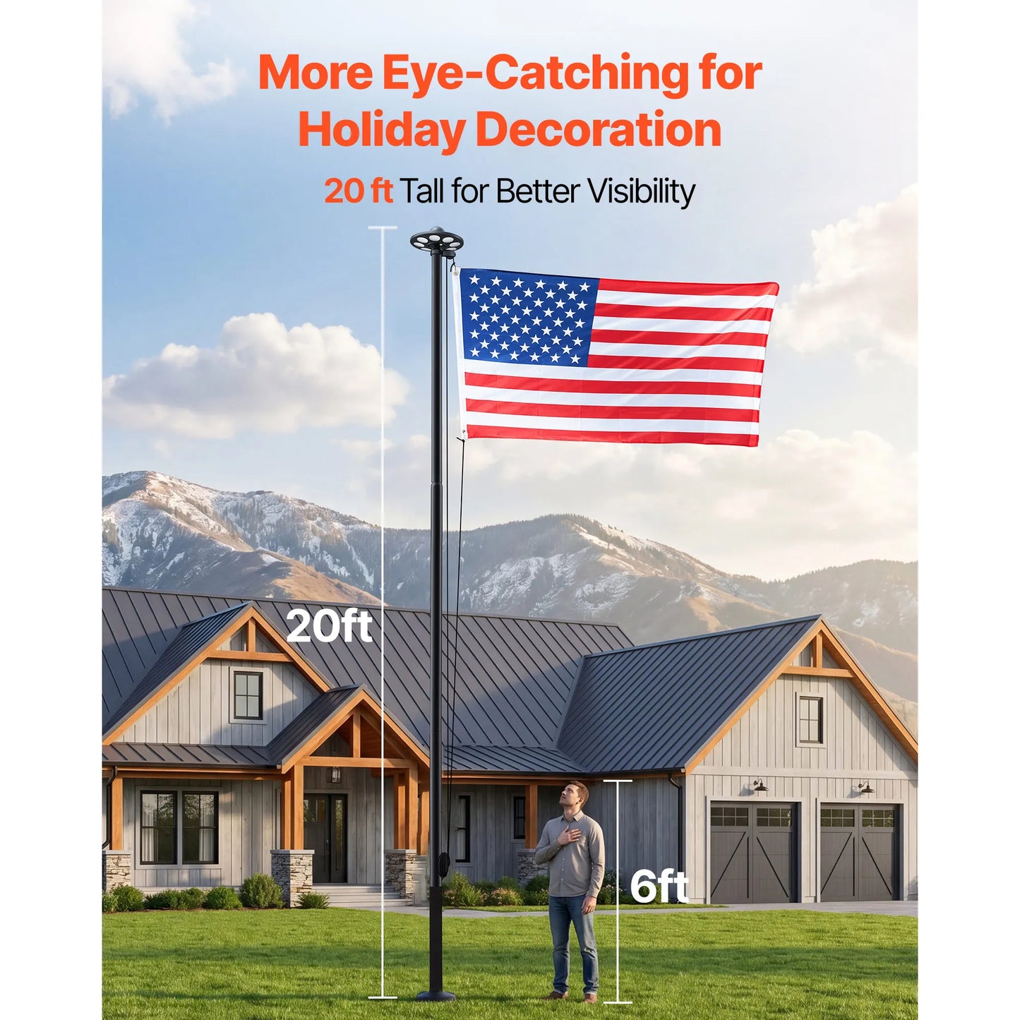 SucceBuy 20ft/25ft Flag Pole with 136 LED Solar Light for Outside House In Ground with 3x5 American Flag for Residential Black