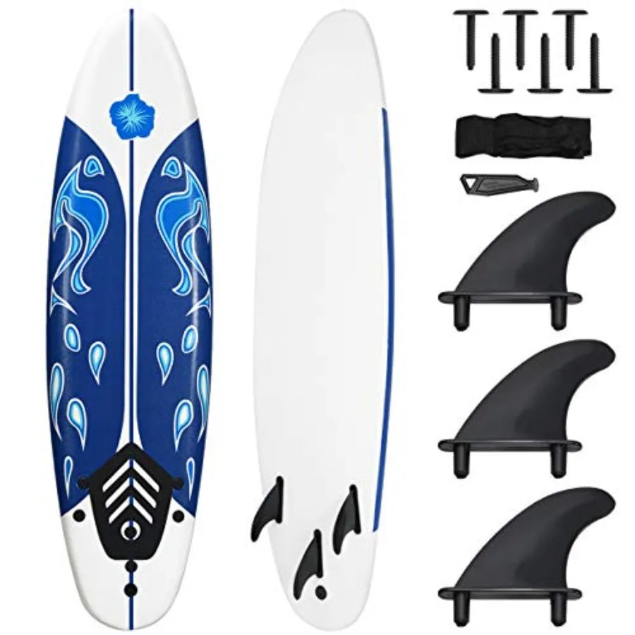 6 Ft Stand Up Surfing Board with 3 Detachable Fins Safety Leash Non-Slip Lightweight Foam for Teenager Adults Blue