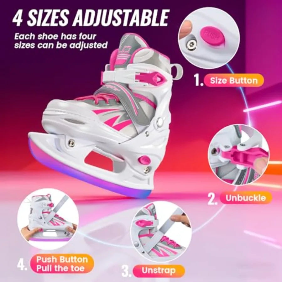 Adjustable Ice Skates for Girls Boys, 4 Size Adjustable Beginner Ice Hockey Skates for Youths Teen, Warm Ice Skating Shoes with