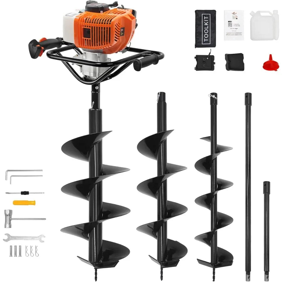 62cc 2-Stroke Gas Powered Auger Post Hole Digger with 2 Extension Rods 68 Auger Bits for Fencing Gardening Construction Heavy D