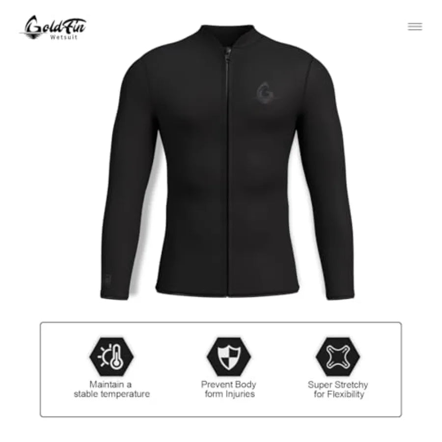 Men's water sports wetsuit top in black neoprene, 3mm thickness for diving, surfing, kayaking, and swimminglightweight, flexibl