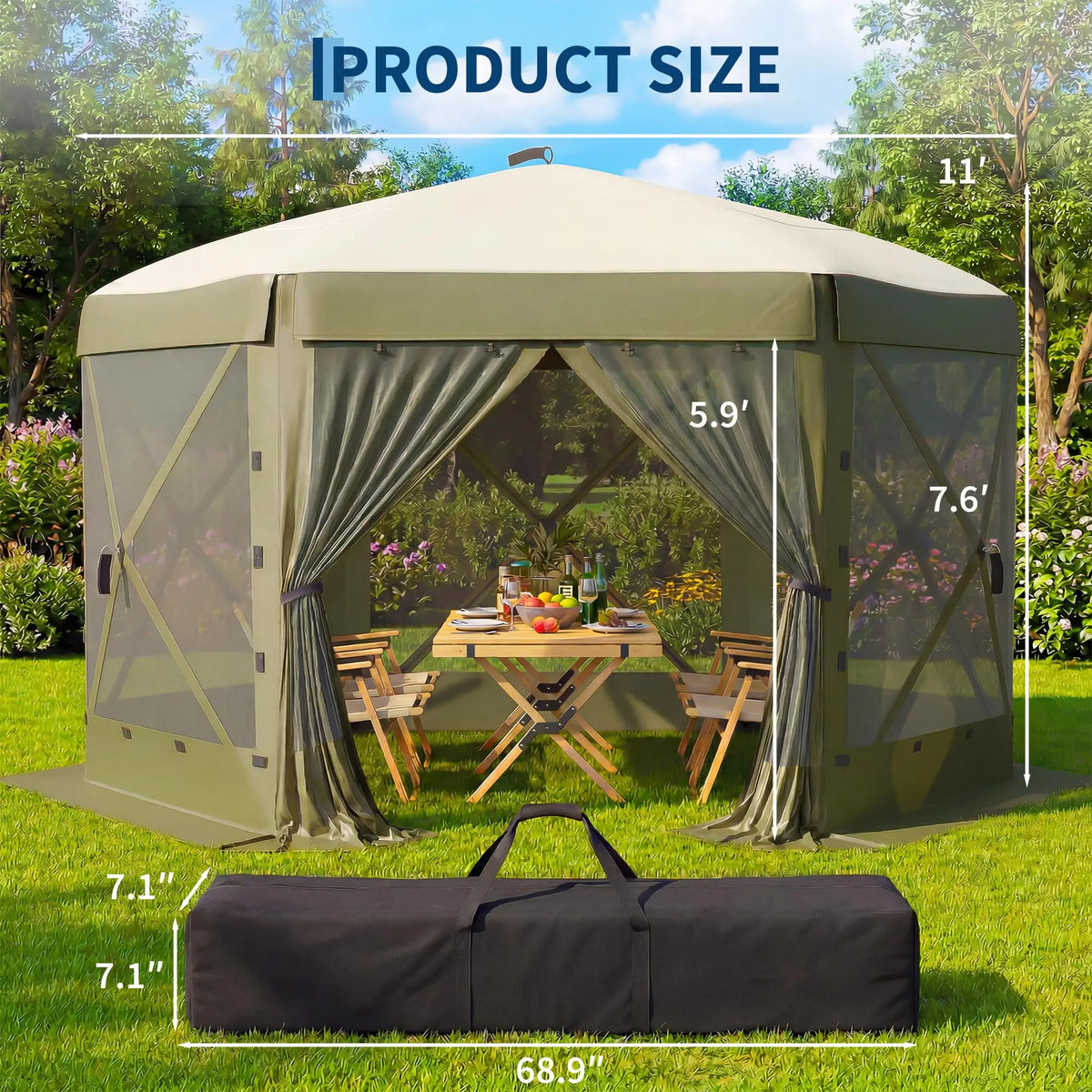 11x11FT Pop Up Gazebo Screen Tent, 6-Sided Mesh Canopy With Removable Wind Walls, One-Push Outdoor Shelter For Camping Party Patio
