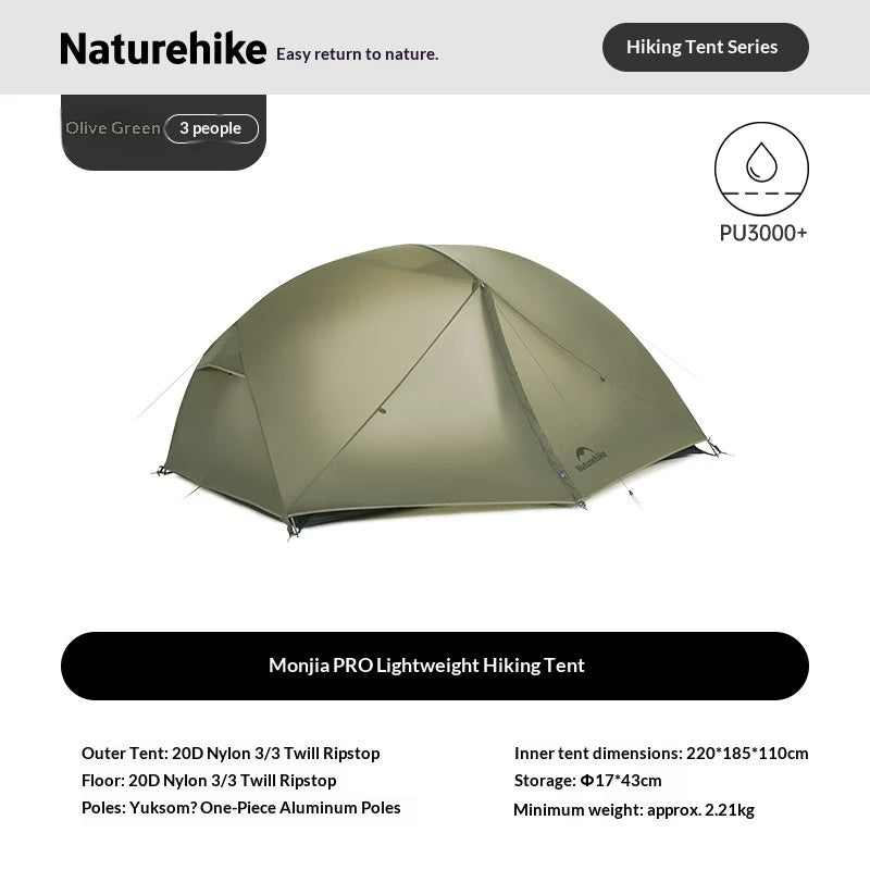 Naturehike Mongar Pro Camping Tent Travel 20D Nylon Tent 1/2/3Person Waterproof Backpacking 3 Season Ultralight Tent with Canopy