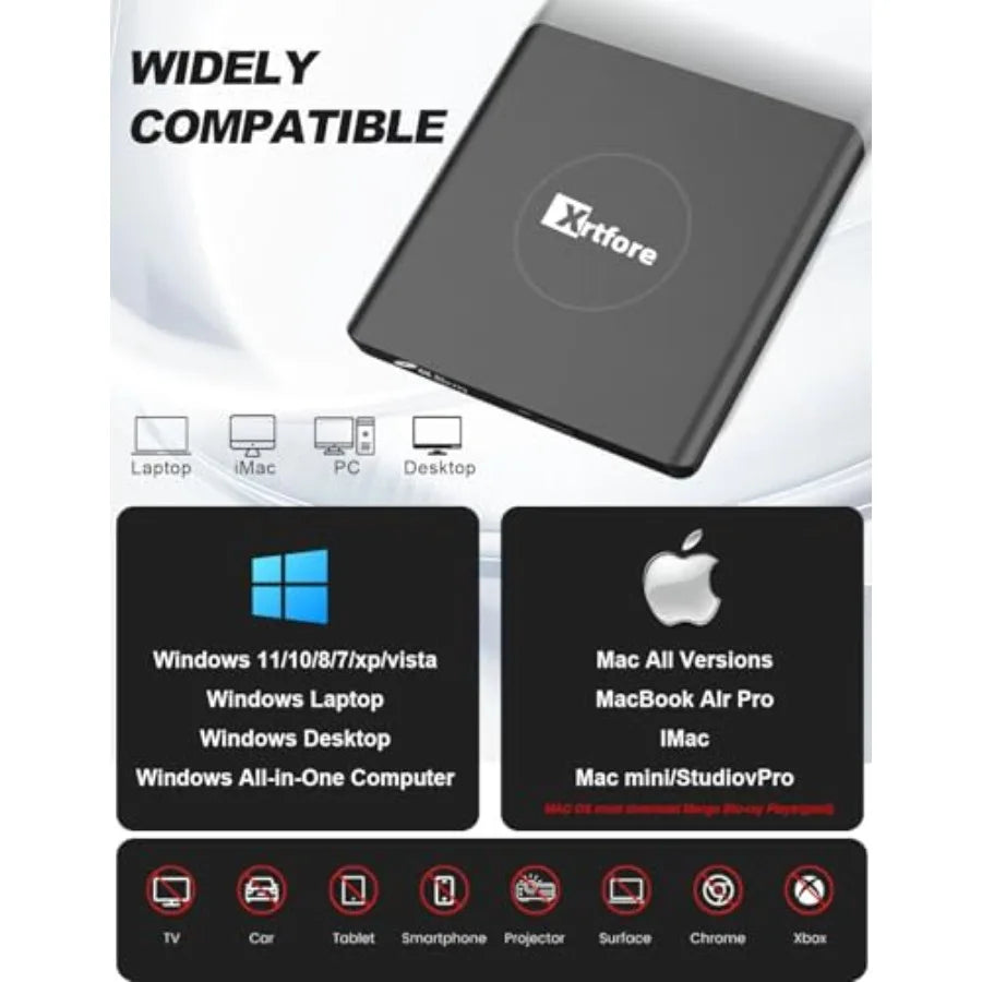 External 4K Blu-ray Drive Aluminum 4K Blu-ray Burner with Carry Case USB 3.0 UHD Player DVD+/-RW External Optical Drive for Mac