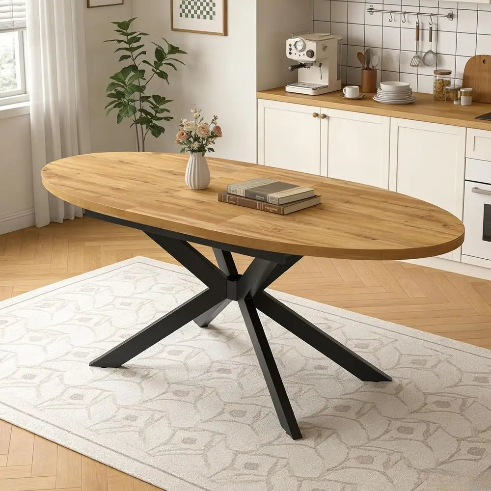 Large Walnut Oval Dining Table for 4-6 People, Space-Saving Design for Kitchen & Living Room