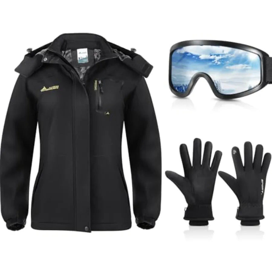 Geyoga Women's Waterproof Ski Jacket Winter Snow Coat Mountain Windbreaker Jacket with Ski Goggles Winter Gloves Waterproof