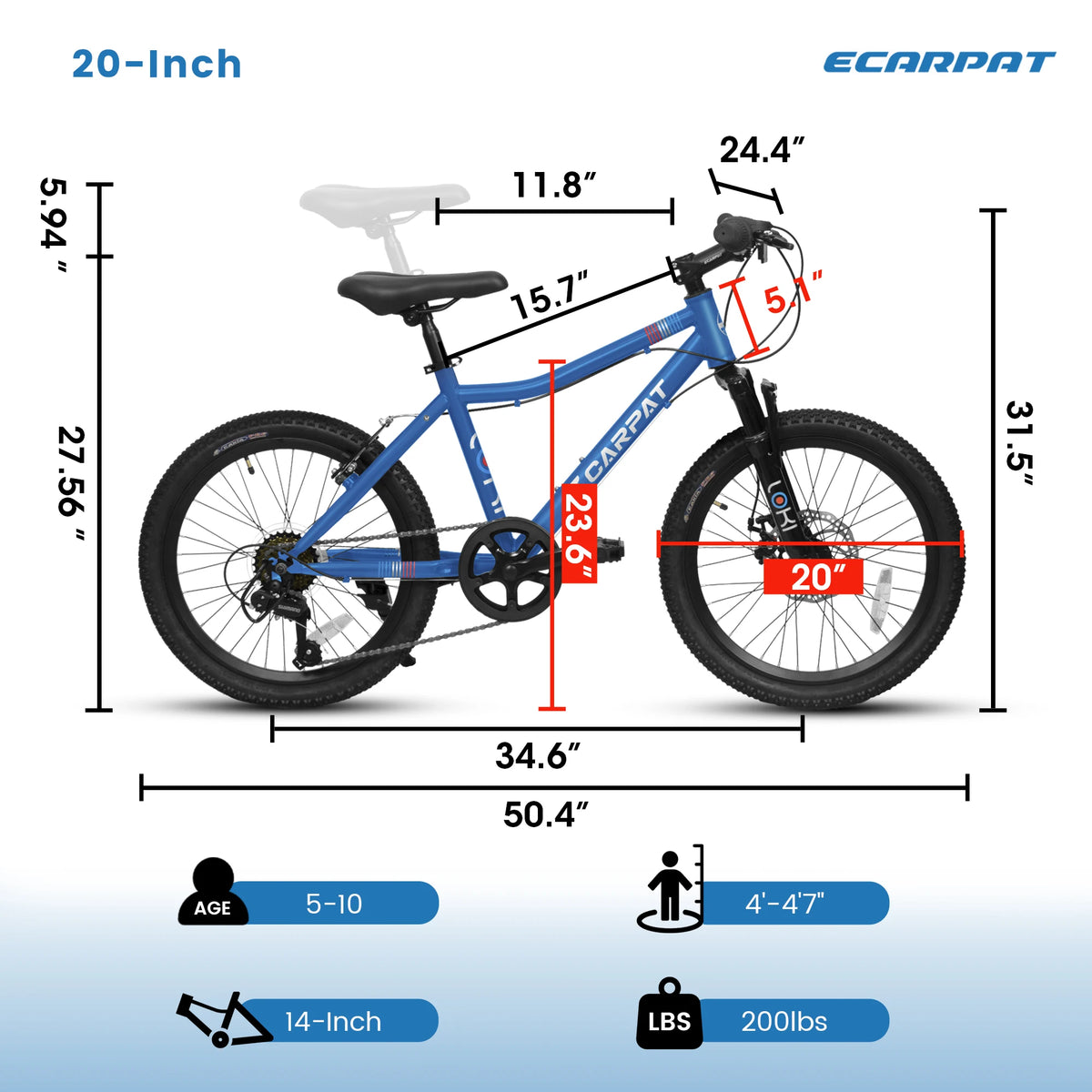 20 Inch Kids' Mountain Bike Ages 5-10, 7-Speed Children's Day Gifts Bicycles for Boys Girls Present, Outdoor Cycling City Bikes