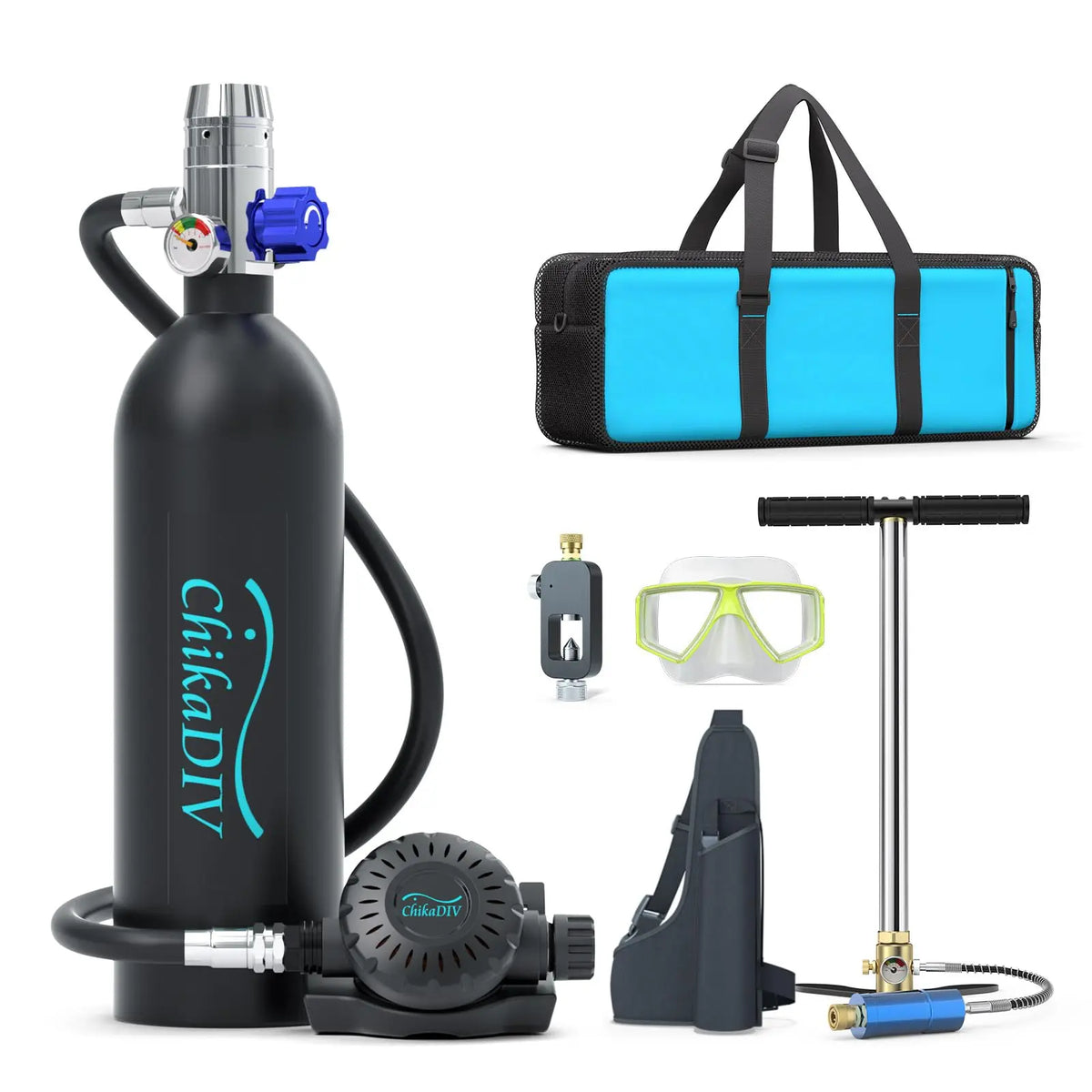 ChikaDIVE Scuba Tank–DOT Certified Mini Scuba Tank with Pump 1L Lung Tank for Underwater Breathing Reusable Portable Scuba Diving Tank Equipment Fit for Emergency Rescue