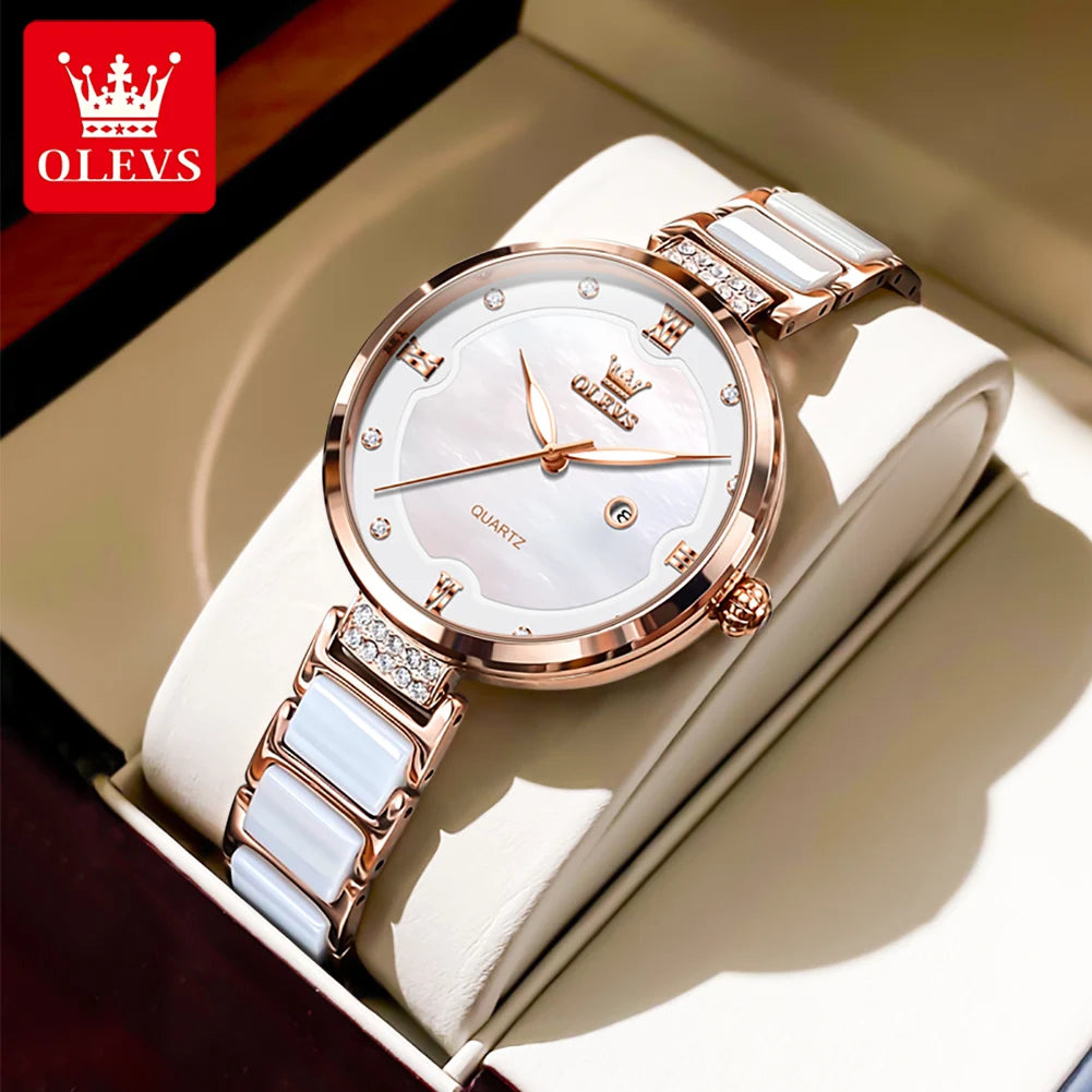 OLEVS Original Watch for Women Ceramic Stainless steel Strap Luxury Brand Elegant Ladies Watch Women's Bracelet Wristwatch Set