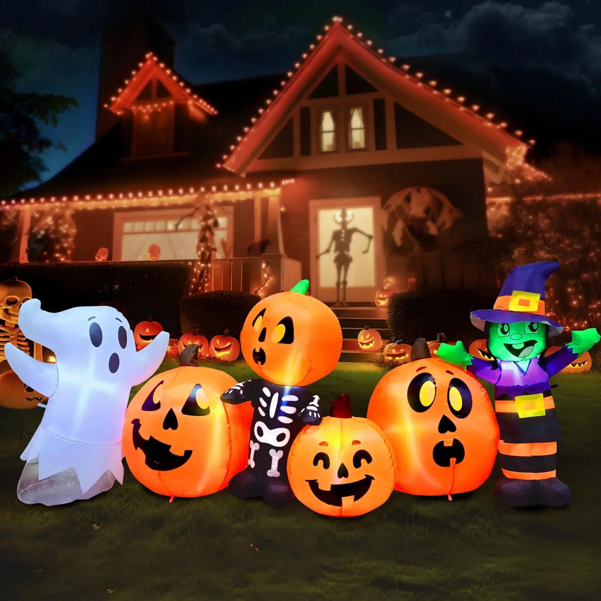 8 ft Long Halloween Inflatable Three Characters and Pumpkin Patch Outdoor Decoration Inflatable Witch Ghost Skeleton Yard for Halloween Gift