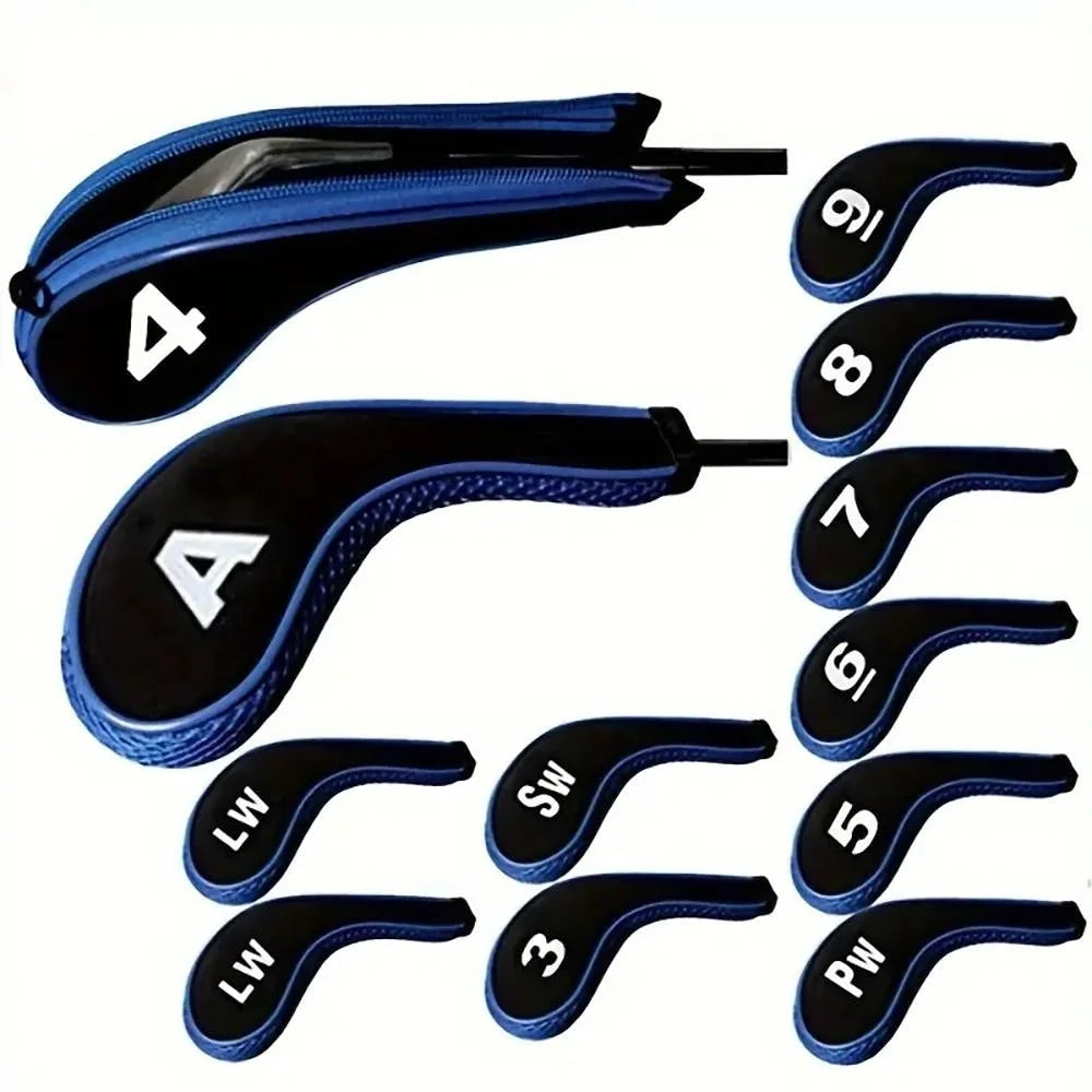 Complete Golf Club Protection Set – 12 Neoprene Covers with Number Print Zippered Driver Head & Long Neck for All Irons