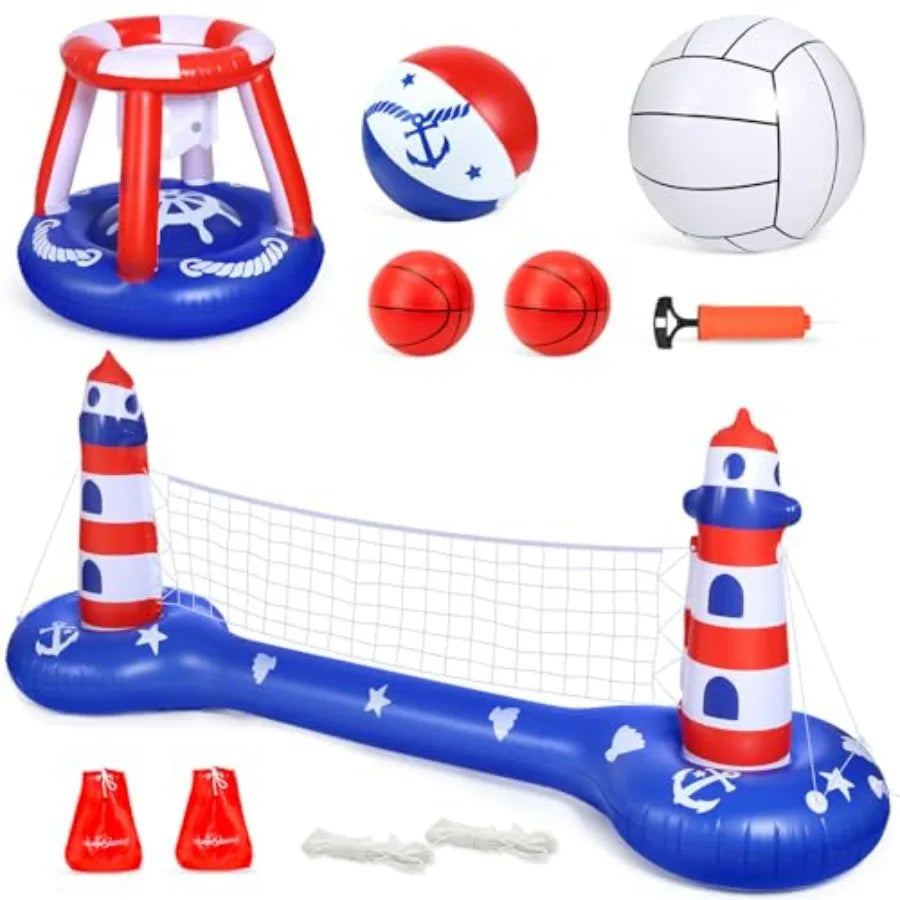 Pool Volleyball Net andBasketball Hoop Inflatable Pool Floats Toys Swimming Water Games for Adults and 8-12 Teens Volleyball Co