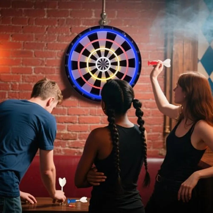 LED light-up dartboard for game room wall decor, ABS plastic, black with blue backlight, safe suction cup darts included