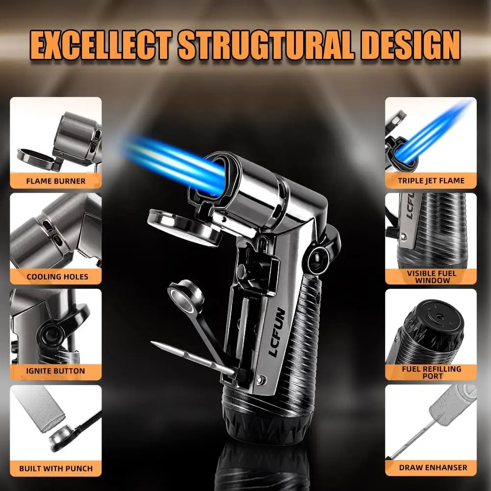 Windproof Triple Jet Flame Butane Lighter with Punch and Draw Enhancer, Refillable for Camping Hunting Gifts - No Butane