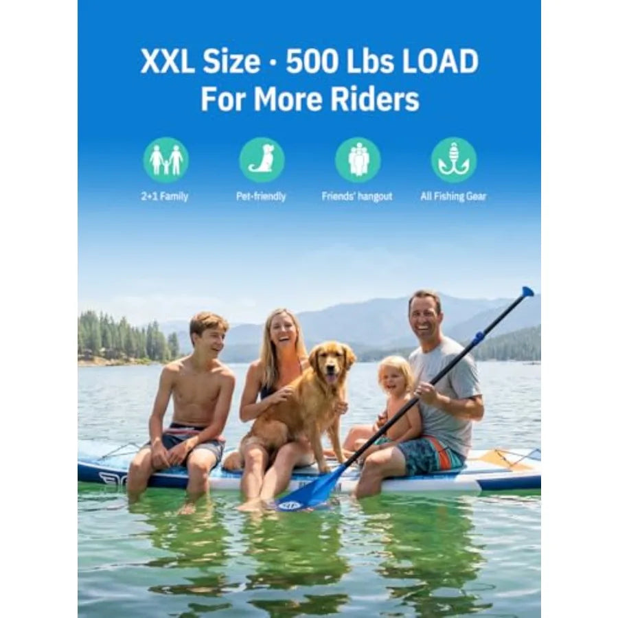 Extra Large Inflatable Paddle Board SUP for Family Use PVC Material Blue/Gray 500lbs Capacity with StabilTrac Fin Non-Slip Deck