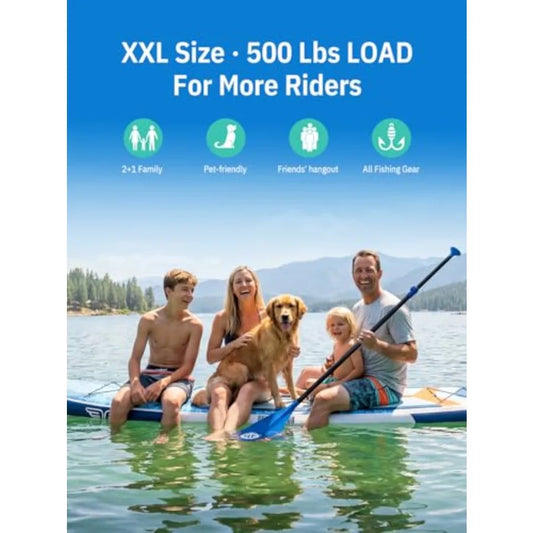 Extra Large Inflatable Paddle Board SUP for Family Use PVC Material Blue/Gray 500lbs Capacity with StabilTrac Fin Non-Slip Deck