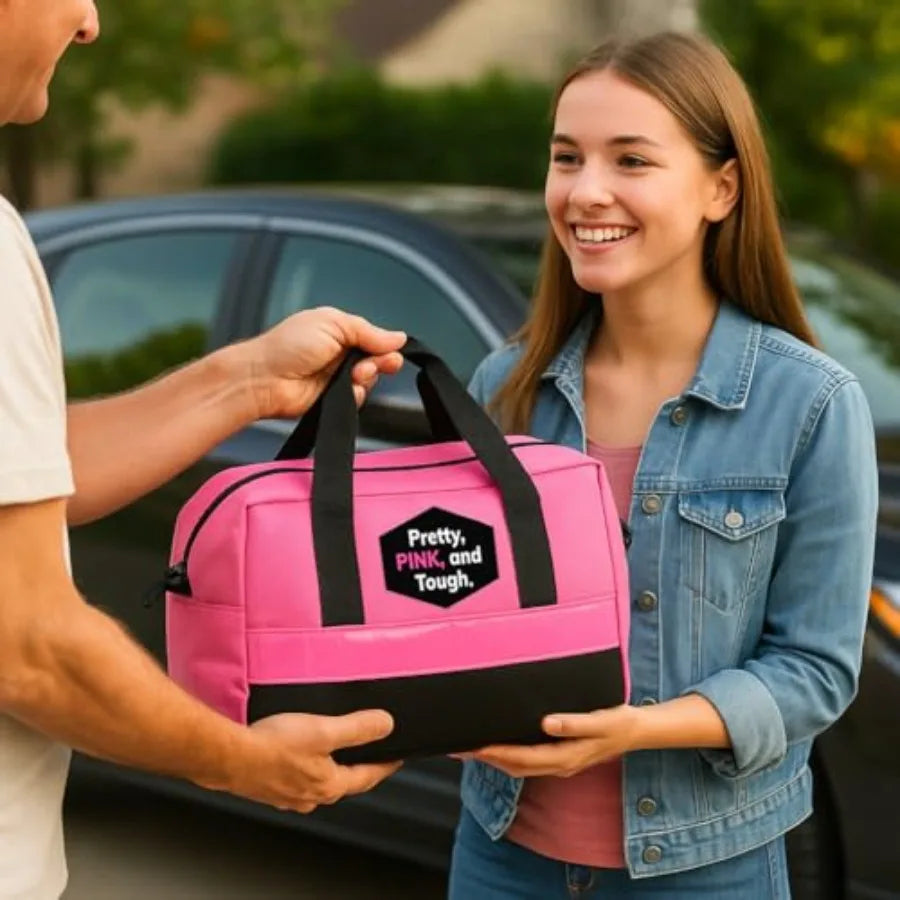 Pretty Pink Roadside Kit - Durable Car Accessories for Women - Pink Emergency Kit with First Aid Supplies Long Jumper Cables Em