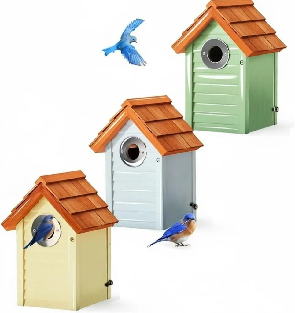 3pk Bluebird Bird Houses for Outside with Stainless Steel Guard, Cedar Roof, UV Painting - 10 Years Outdoor