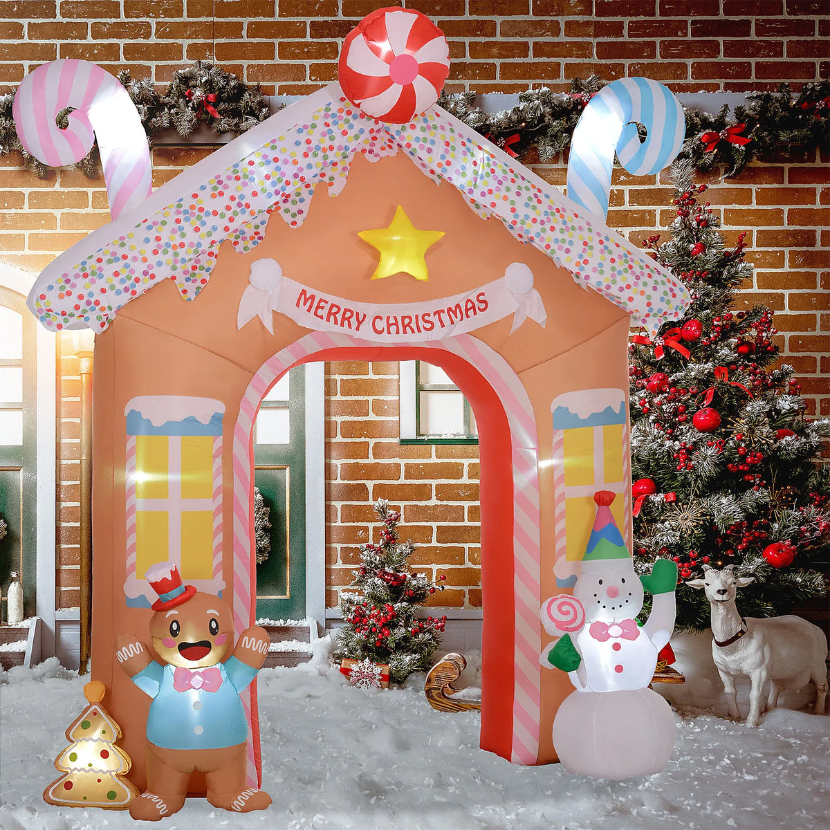 Outsunny 10FT Christmas Inflatable Gingerbread House Archway, Giant Christmas Inflatables, Huge Blow Up Christmas Decorations with LED Lights for Indoor, Outdoor, Yard, Party