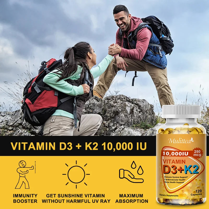 Mulittea Vitamin D3+K2 Capsules Help Regulate Calcium Metabolism Promote Heart Bone Teeth and Skin Health Support Immunity