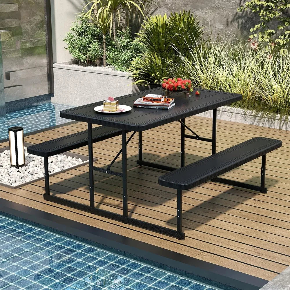 Picnic Table Bench Set for 4 People, 4.5FT Outdoor Rectangular Dining Table & 2 Benches w/Umbrella Hole, HDPE Tabletop