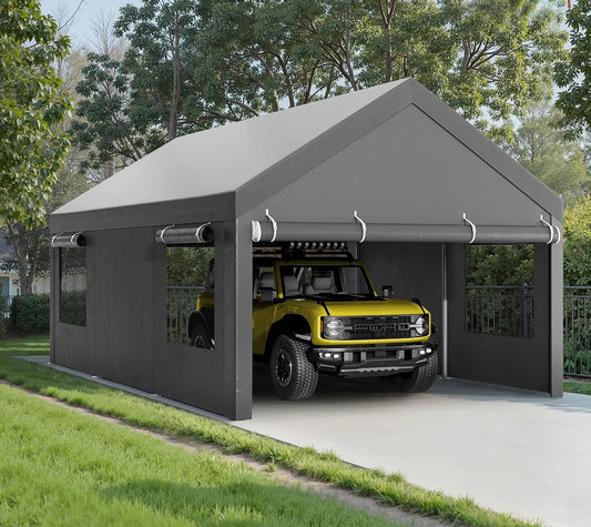 12x20 Ft Heavy Duty Carport Canopy Portable Garage with Roll-up Windows Removable Sidewalls & Doors Customizable Carport