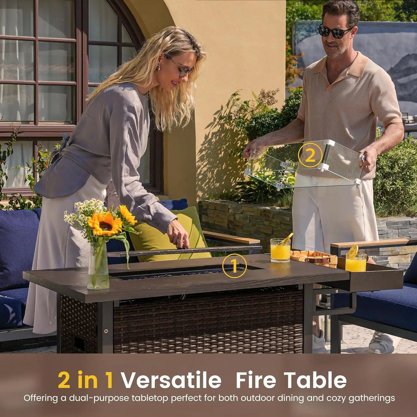 Outdoor 52 Inch Outdoor Fire Pit Table, 50,000 BTU Propane Fire Pits with Storage Shelf, Wicker Patio Gas Fire Pit