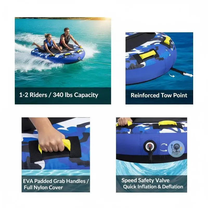 Inflatable Water Sled 51.8" For Lake River Ocean, 1-2 Person Capacity 340lbs Load Round Heavy Duty Nylon Cover EVA Foam Handles Speed Safety Valve