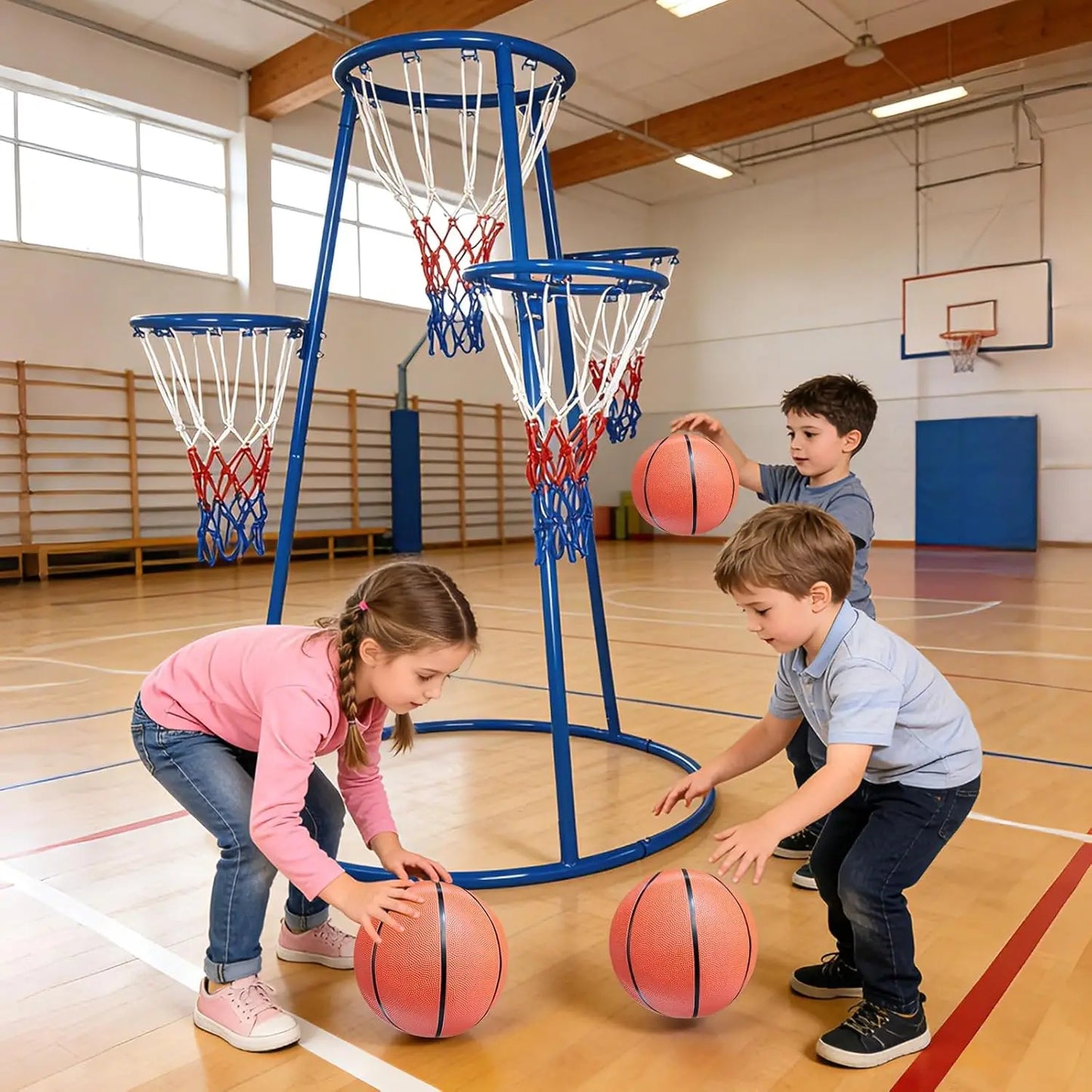 Kids Basketball Hoop Set with 4 Hoops, Basketball Game with Ball Return Net, 4 Balls & Pump Included, Fun Sports Toy for Ages 3+