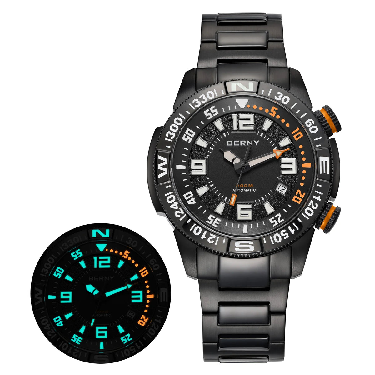 BERNY Automatic Diving Watches for Men 20ATM Super Luminous Mechanical Men's Diver Watch Full S/S Sapphire Swim Dive Wristwatch