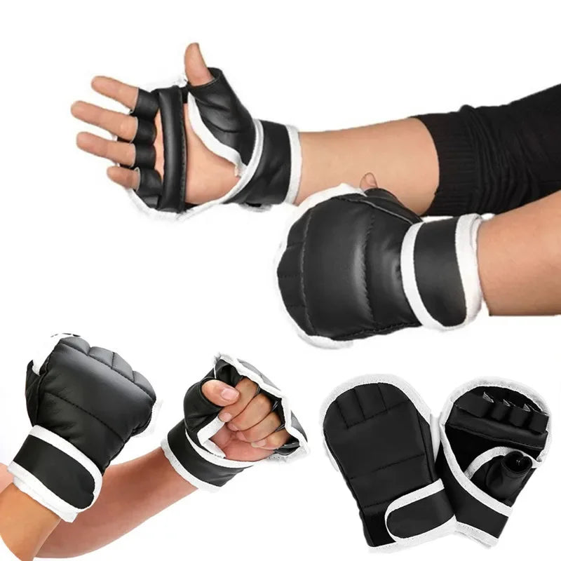 1Pair Black Half Finger Boxing Gloves PU Leather Fighting Kick Boxing Gloves Karate Muay Thai Training Workout Gloves Kids 2042