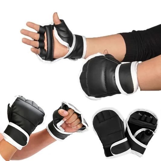 1Pair Black Half Finger Boxing Gloves PU Leather Fighting Kick Boxing Gloves Karate Muay Thai Training Workout Gloves Kids 2042