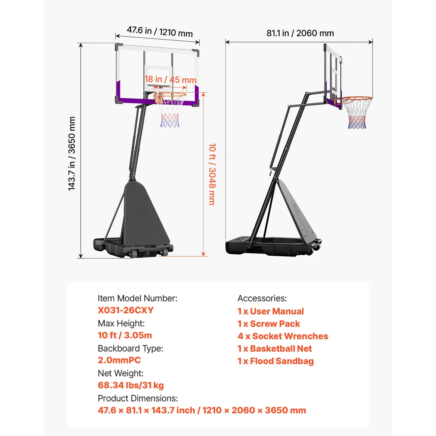 SucceBuy Portable Basketball Stand Height Adjustment Basketball Hoop & Goal Basketballs Hoop with 44 -54 inch PC Backboard