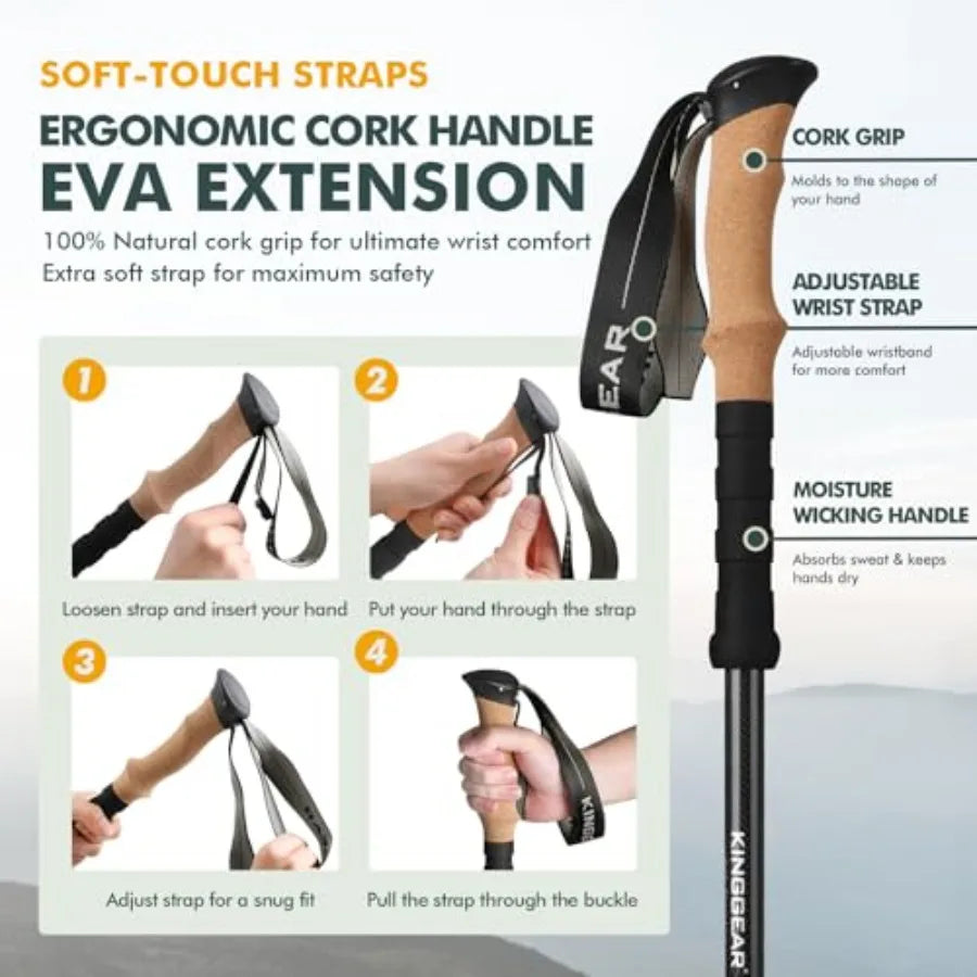 TPC-3K 100% Carbon Fiber Trekking Poles for Hiking - Ultralight Collapsible Hiking Poles with Cork and EVA Foam Grips, Adjustab