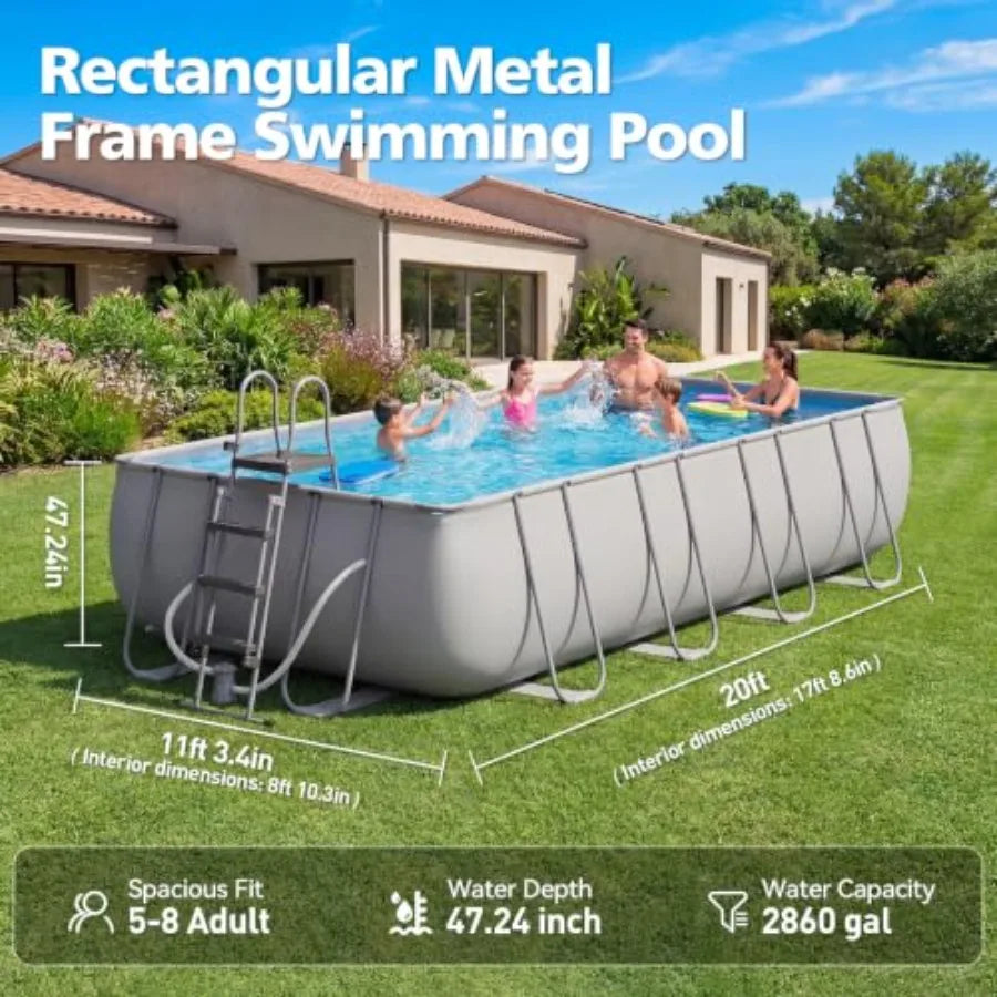 Backyard rectangular above ground pool set, steel frame with gray PVC liner, 18' x 9' x 47, includes removable ladder and filte