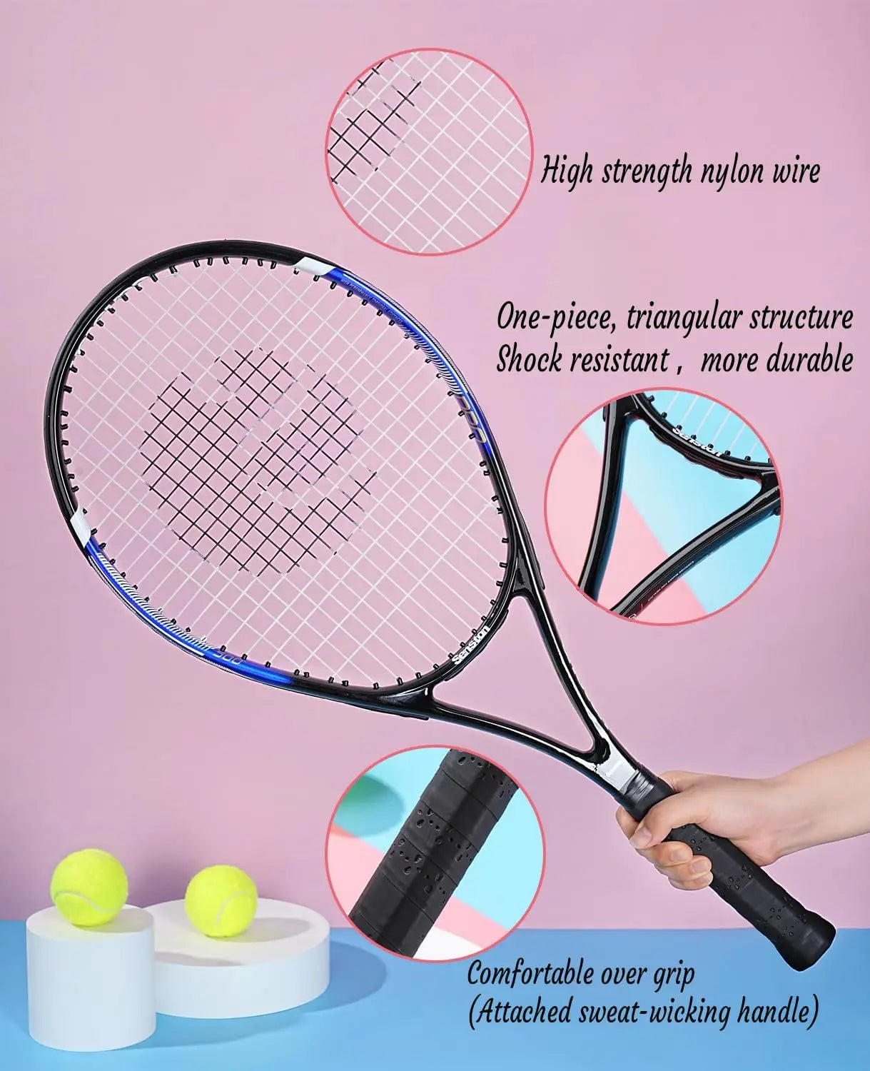 27 Inch Tennis Racket Set for Adults - 2 Player Kit with 3 Balls, Grips & Dampers