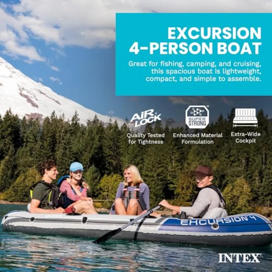 68324EP Excursion 4 Inflatable Boat Set: 54in Deluxe Boat Oars and High-Output Pump Adjustable Seats with Backrest Fishing Rod