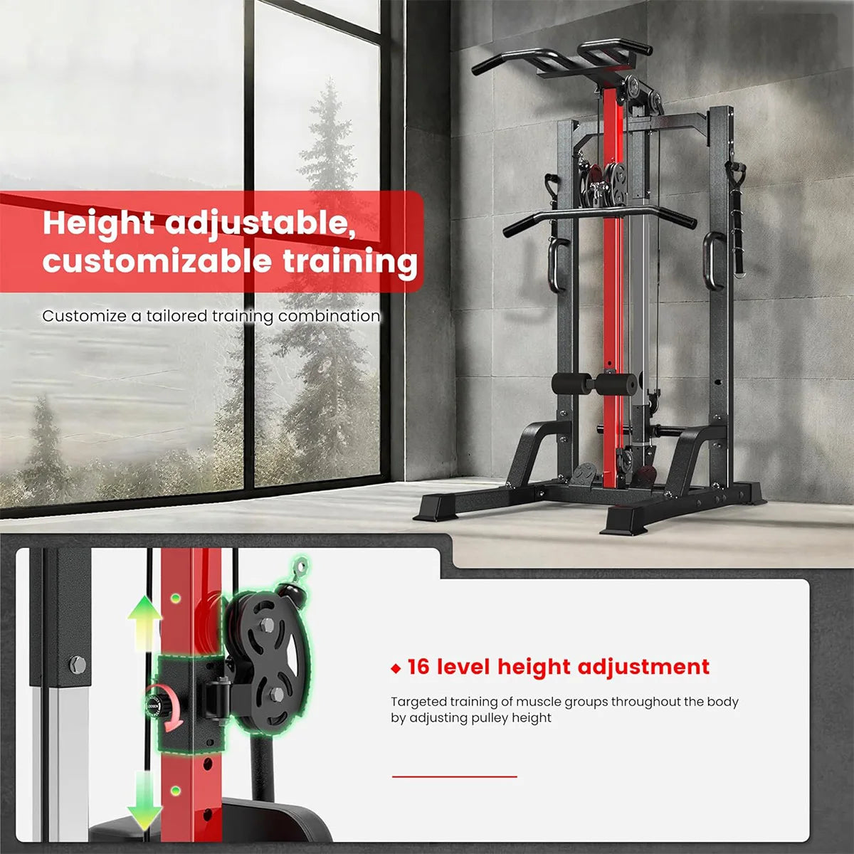 Pooboo Home Gym Machine - High/Low Pulley System for Lat Pulldown, Row&Back Workout, with Leg Support | All-in-One Strength Training Equipment for Home Gym