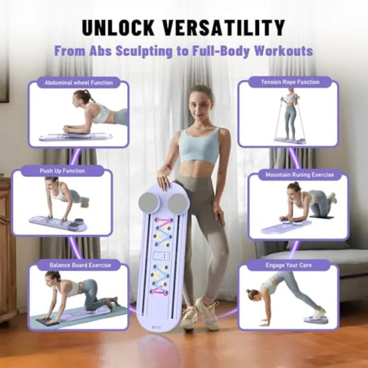 Pilates Board Foldable Reformer Training Set 6-in-1 Versatile Kit with Auto-Rebound Ab Roller Home Core Workout Equipment for T