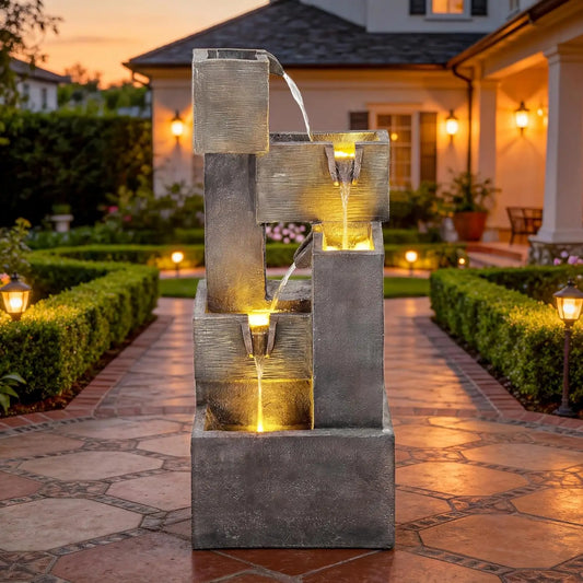 32.5" Modern Outdoor Water Fountain with LED Lights, 5-Tier Stacked Blocks for Garden, Patio, Backyard Relaxation