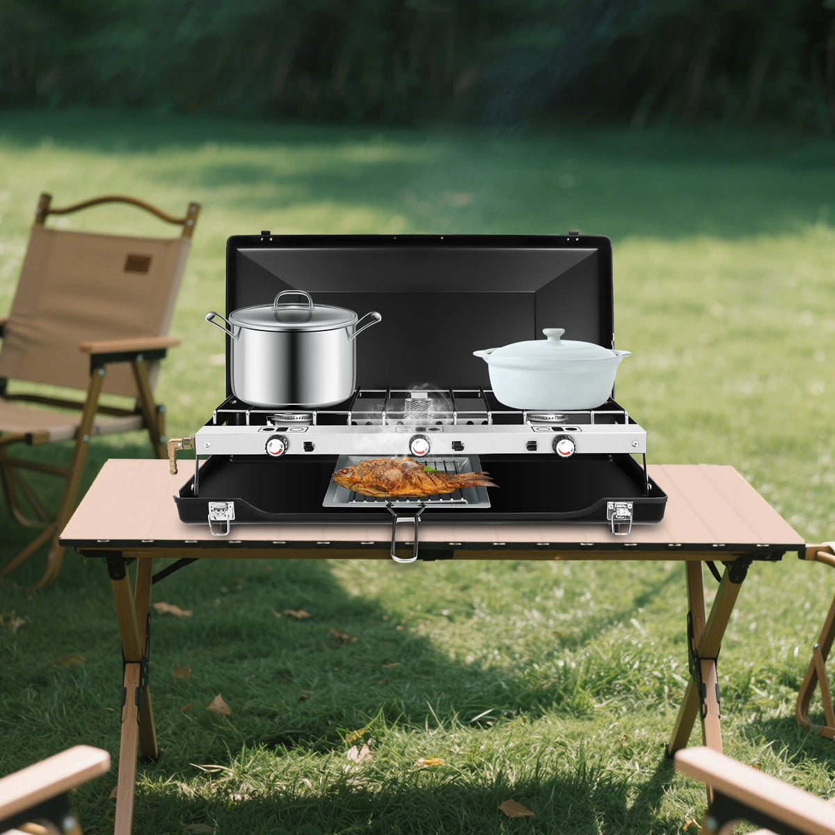 3-Burner Camping Stove Foldable, Portable Gas Grill with 4.5kW Total Power, Piezo Ignition and Windscreen Lid for Outdoor Cooking