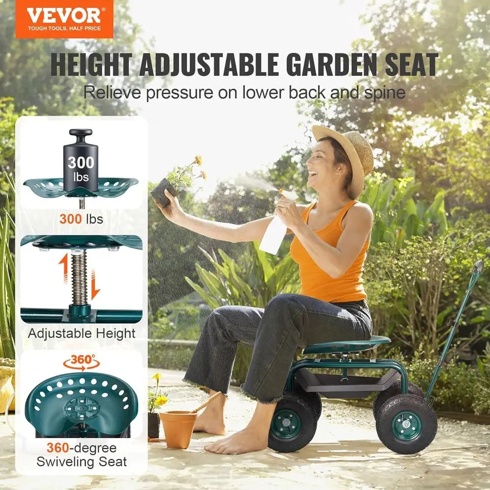 360° Swivel Garden Cart with Seat, Rolling Workstation, Patio and Yard Utility Scooter, Green