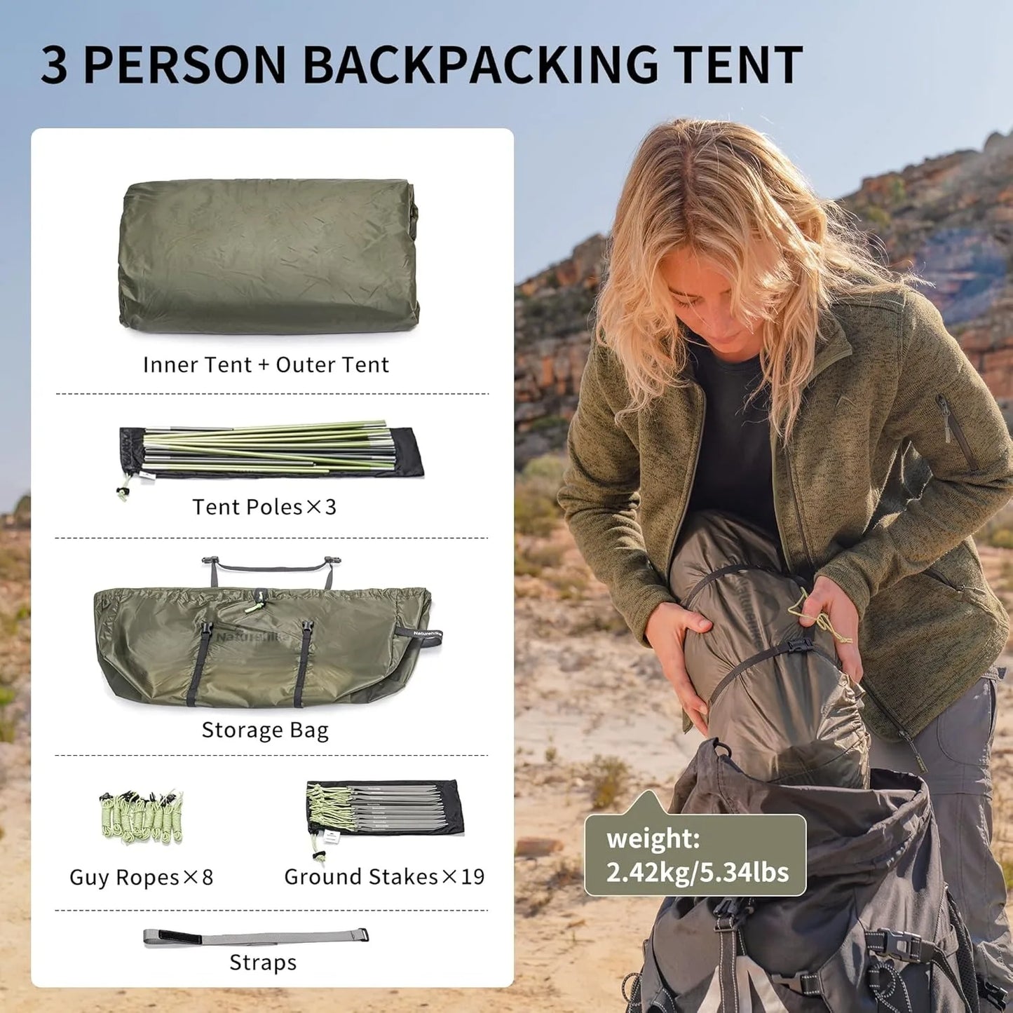 Naturehike Opalus UL Tunnel Tent Lightweight 15D Nylon Hiking Tent Large Space Outdoor Camping Travel 4 Season 2-3 Person Tent