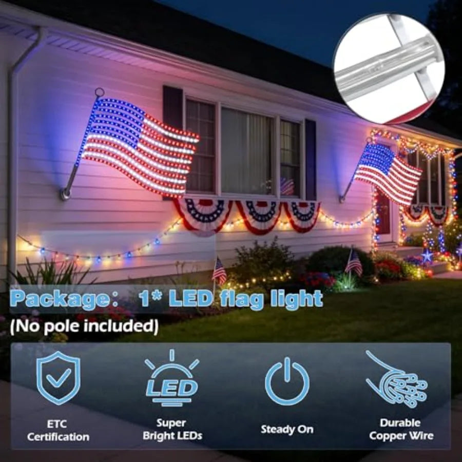 LED American Flag Lights for Wall Pole Light Up US Flags 24"x21.65" Lighted Flag with 340 LEDs Red Blue White Colors Waterproof