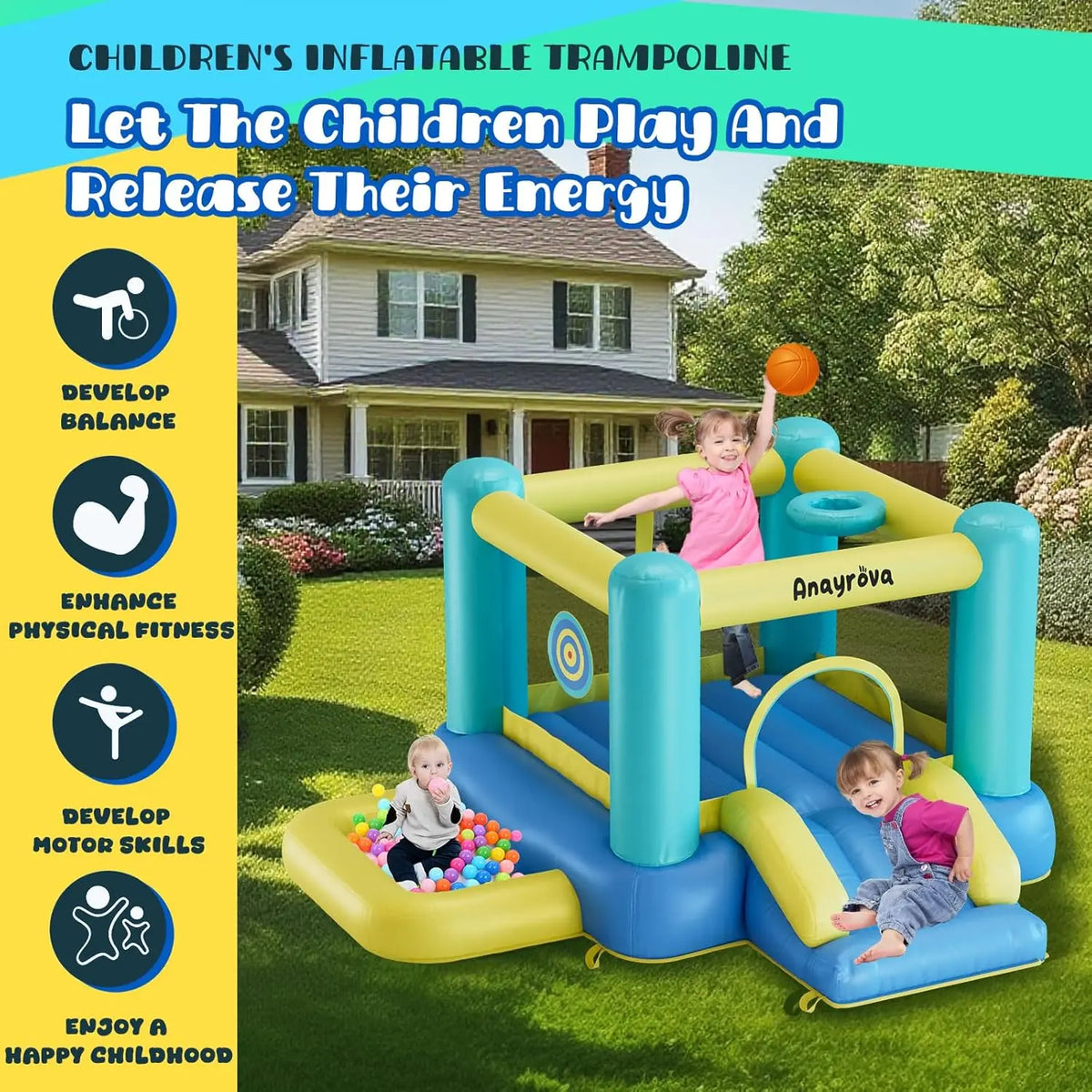 Inflatable Bounce House with Blower, Toddler Bouncy Castle Ages 3-6 | Ball Pit, Basketball Hoop & Target Game for Active Indoor